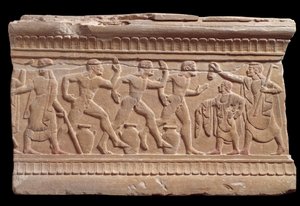 Relieve con una carrera de atletas de un hito de mármol de Chiusi, Italia, siglo VI a.C. de Etruscan