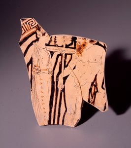 Fragmento de kylix de terracota que representa a una ménade y un sátiro, 350 a.C.