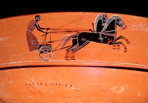 Detalle de un vaso de terracota que representa un carro tirado por dos caballos, siglo IV a.C. de Etruscan