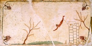 Buzo, circa 480-490 a.C., fresco decorativo de la losa de cubierta de la Tumba del Buzo en Paestum, Campania, Italia, siglo V a.C.