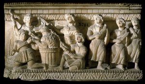 Arte etrusco: "Ulises y sus compañeros durante su encuentro con Circe" (Odisea de Homero). Bajo relieve de mármol de un sarcófago de Volterra. Siglo III a.C. Florencia, Museo Arqueológico
