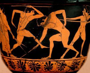 Arte etrusco: píxide decora una escena de palestra, atletas practicando lanzamiento de jabalina de Cerveteri. Roma, Museo de Villa Giulia