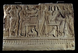 Antigüedad etrusca: Placa de cippo funerario. Exposición de la difunta en su lecho funerario. París, Museo del Louvre de Etruscan Etruscan