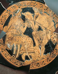 Cerámica de figuras rojas, decoración interna de una crátera que representa a Poseidón y Anfitrite, civilización etrusca de Etruscan Etruscan
