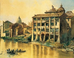Italia, Roma, Casas antiguas a lo largo del río Tíber, por Ettore Roesler Franz, acuarela