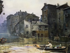 Via della Fiumara inundada en Roma, por Ettore Roesler Franz (1845-1907), acuarela, Italia