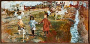 Paisaje campestre con niños y perro, un burro junto al río