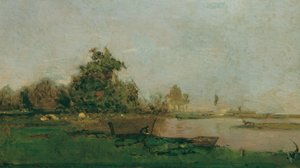 paisaje de río con un barco de Eugen Jettel