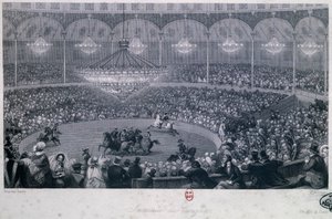 Espectáculo ecuestre en el circo Franconi, Champs Elysées, París, grabado por Charles Mottram, tomado de Verano e Invierno en París de Eugene Louis Lami