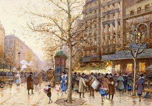 Una escena de calle en París de Eugene Galien Laloue