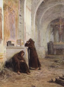 Fray Giles y su compañero desfallecen de hambre en una iglesia desierta (litografía en color)