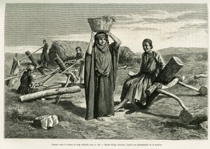 Mujer árabe y aserradores de largos diez foulis. Grabado por Eugène Girardet, para ilustrar la historia A Suse de Eugene Alexis Girardet