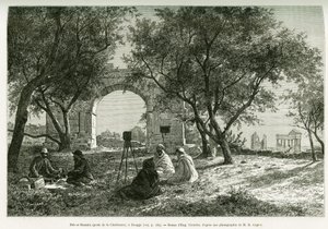 Bab-er-Roumia (Bab er Roumia), puerta de la mujer cristiana, ruinas romanas en Dougga, picnic de viajeros y sus guías, alrededor de una cámara. Grabado por Eugène Girardet, para ilustrar la historia Viaje en Túnez, por R. Cagnat y H. Saladin, encargados de de Eugene Alexis Girardet