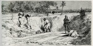 Excavaciones en el cementerio cristiano de Lamta, con ambos encargados de la misión. Grabado de Eug. Girardet, para ilustrar la historia 