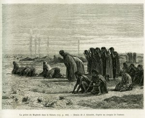 La oración del Moghreb en el Sahara. Ilustración de la historia Cinq mois chez les moures nomades du Sahara occidental, en 1887, por Camille Douls, en Le tour du monde 1888, bajo la dirección de Edouard Charton (1807-1890), Hachette, París de Eugene Alexis Girardet