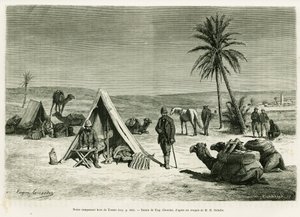 Campamento de viajeros en las cercanías de Tozeur. Grabado de Eugene Girardet para ilustrar la historia Viaje en Túnez, por R. Cagnat y H. Saladin, en Le Tour du monde 1886, dirigido por Edouard Charton (1807-1890), Hachette, París. de Eugene Alexis Girardet