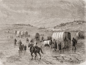 Un tren de carretas rumbo al oeste en la década de 1860, grabado por Stephane Pannemaker (1847-1930)