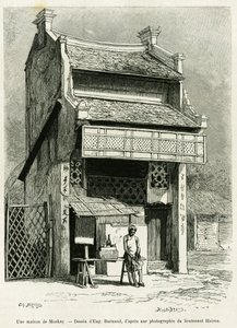Una casa de monos. Grabado por Eugene Burnand, para ilustrar la historia Sur les frontières du Tonkin, por el Doctor P.Neiss, en le tour du monde 1888, dirigido por Edouard Charton (1807-1890), Hachette, París.