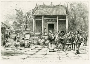 Pagoda de conferencias, Monkay. Grabado por Eugene Burnand, para ilustrar la historia Sur les frontières du Tonkin, por el Doctor P.Neiss, en le tour du monde 1888, dirigido por Edouard Charton (1807-1890), Hachette, París.