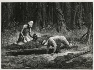 El Dr. Harmand y su ayudante anamita, realizando exhumaciones clandestinas de entierros Khas, en Attopeu (Laos), grabado por Eugene Burnand, para ilustrar la historia de Laos y las poblaciones salvajes de Indochina por el Dr. Harmand, en 1877, publicado en de Eugene Burnand