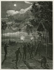 El Dr. Harmand despierta en medio de la noche por el ruido de los rifles de los indígenas Khas, disparando a la luna sometida a un eclipse, en Attopeu (Laos), grabado por Eugene Burnand, para ilustrar la historia de Laos y las poblaciones salvajes de Indoc de Eugene Burnand