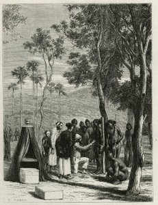 El Dr. Harmand realiza mediciones antropológicas en los indígenas Khas, en Attopeu (Laos), grabado por Eugene Burnand, para ilustrar la historia de Laos y las poblaciones salvajes de Indochina por el Dr. Harmand, en 1877, publicado en el tour du monde, baj de Eugene Burnand