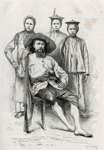 Retrato del autor, rodeado de sus compañeros de viaje. Grabado por Eugene Burnand, para ilustrar la historia "Viaje en el Alto Laos", en 1880, por el Dr. P.Neis. Publicado en Le Tour du monde, nuevo diario de viajes, 2º semestre 1885, editado por Edouard C de Eugene Burnand