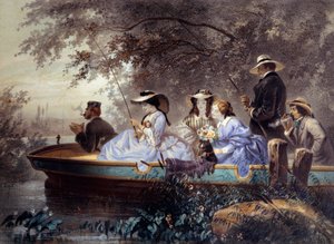 Un domingo con la familia, pescando en el río de Eugene Charles Francois Guerard