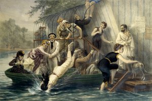 ¡Ah! La hermosa cabeza, un domingo junto al agua. Mujer buceando en un traje de baño en el agua en el siglo XIX bajo las risas de marineros divertidos. Una mujer en un bote se protege de los arañazos con su paraguas. Grabado de Eugene Guerard (1821-1866).
