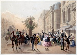 Boulevard des Italians, Café Tortoni en París en el siglo XIX. Grabado por Eugene Guerard