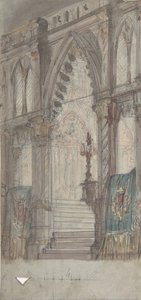 Diseño para un escenario en la Ópera, París: Interior de la iglesia de Eugene Ciceri