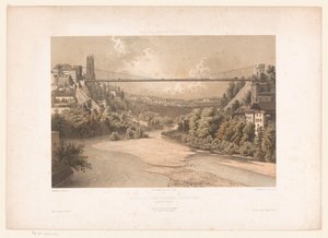 Gezicht op de hangbrug over de Sarine, te Fribourg Suiza Saboya y Tirol / Perfil del puente colgante en Friburgo (Cantón de Friburgo) (título sobre objeto)