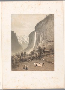 Picnic con vistas a la cascada de Staubbach Le Staubbach (título sobre objeto) La Suisse et la Savoie (título de la serie) Rostros en Suiza y Saboya (título de la serie sobre el objeto)
