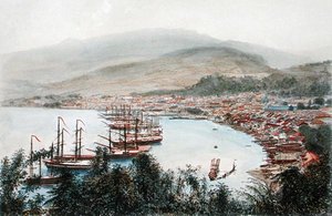 Vista de Saint-Pierre desde la batería de cañones en Sainte-Marthe, Martinica de Eugene Ciceri