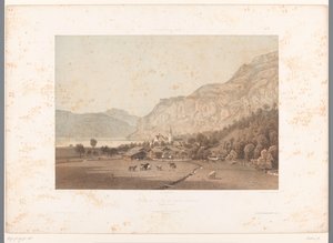 Vista de Flüelen en el lago de Lucerna Flüelen et le lac de Quatre Cantons (título sobre el objeto) Rostros en Suiza y Saboya (título de la serie) La Suisse et la Savoie (título de la serie sobre el objeto)