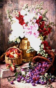 Naturaleza muerta con flores en una urna de bronce y frutas en cestas