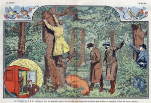 Una compañía de T.S.F. instala micrófonos en los bosques y campos para grabar y transmitir el canto de los pájaros. Ilustración de Damblans en “Le Pelerin” del 21 de mayo de 1933. de Eugene Damblans