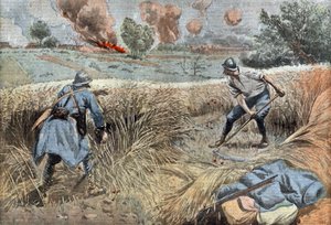 Un artillero francés siega el trigo para matar alemanes, dibujo de Damblans del periódico francés "Le Pelerin" 30 de junio de Eugene Damblans