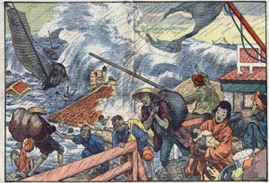 Un maremoto y un tifón golpean Japón. Ilustración de Damblans. En “Le Pelerin” del 2 de octubre de Eugene Damblans