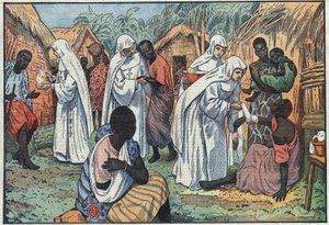 Sobre la inauguración, en el Palacio de Letrán, en Roma, de los Museos de las Hermanas Blancas en un pueblo de África Ecuatorial donde catequizan y cuidan a los enfermos. Ilustración de Damblans. En "Le Pelerin" del 29 de enero de Eugene Damblans