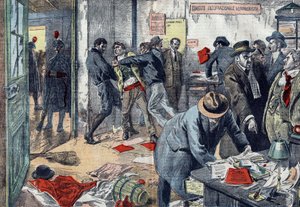 Benito Mussolini realizó arrestos masivos de comunistas en Trieste, Italia en febrero de 1923; búsqueda en las oficinas del periódico “Lavoratore”. Dibujo de Damblans en “Le Pèlerin” de 1923