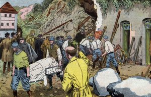 Cuerpo del general estadounidense Dunlop muerto porque rescató a la Sra. Briant bajo el colapso de los edificios anexos del castillo de Fariniere (Francia) dibujo de Damblans del periódico francés "Le Pelerin" 7 de junio de Eugene Damblans