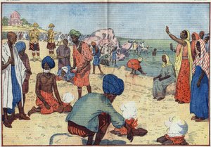 Semana de Desobediencia Civil en India contra el Imperio Británico: En la playa de Bombay, Gandhi (1869-1948) y sus seguidores hierven agua de mar para obtener sal en violación de la Ley de la Gabela. Las mujeres los animan repitiendo este coro: "Rompe, ro de Eugene Damblans