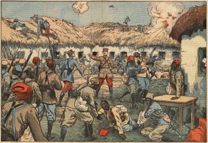 Tropas coloniales desbloquearon el puesto de Aoulay (Aoulai) en Marruecos bajo el mando del Capitán Duboin. Ilustración de Damblans. En "Le Pelerin" del 7 de junio de Eugene Damblans