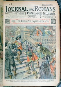 Portada de una serialización de Los Tres Mosqueteros de Alexandre Dumas padre (1803-70) del Journal des Romans Populaires Illustrés, 1905