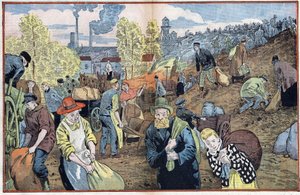 Cazadores buscan trozos de carbón entre las piedras extraídas de las minas para calentarse durante el invierno. Región del Ruhr, Alemania. Ilustración de Damblans. En "Le Pelerin" del 4 de octubre.