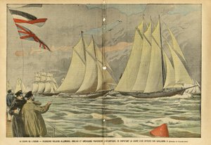 La copa del océano. Varios veleros alemanes, ingleses y americanos cruzan el Atlántico, compitiendo por la copa de oro ofrecida por Guillermo II de Eugene Damblans
