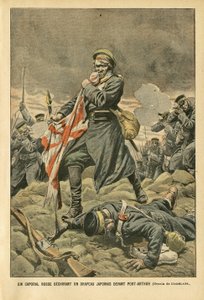Ilustración de Eugene Damblans (1865-1945) en Le Pelerin, 01/01/05 - Un cabo ruso rasgando una bandera japonesa frente a Port Arthur - Rusia, Japón, Port Arthur, Guerra Ruso-Japonesa, Combate, Fusiles - Soldados, Cabo