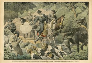 Ilustración de Eugene Damblans (1865-1945) en Le Pelerin, 02/07/05 - Roosevelt, Presidente de los Estados Unidos, distraído de las preocupaciones del poder cazando osos grizzly en las Montañas Rocosas