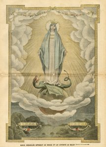 Ilustración de Eugene Damblans (1865-1945) en Le Pelerin, 04/12/04 - María inmaculada aparece al mundo y le trae la salvación - Religión Fe, Católico Catolicismo - Inmaculada concepción - María, Dragón - Nubes - Tierra de Eugene Damblans